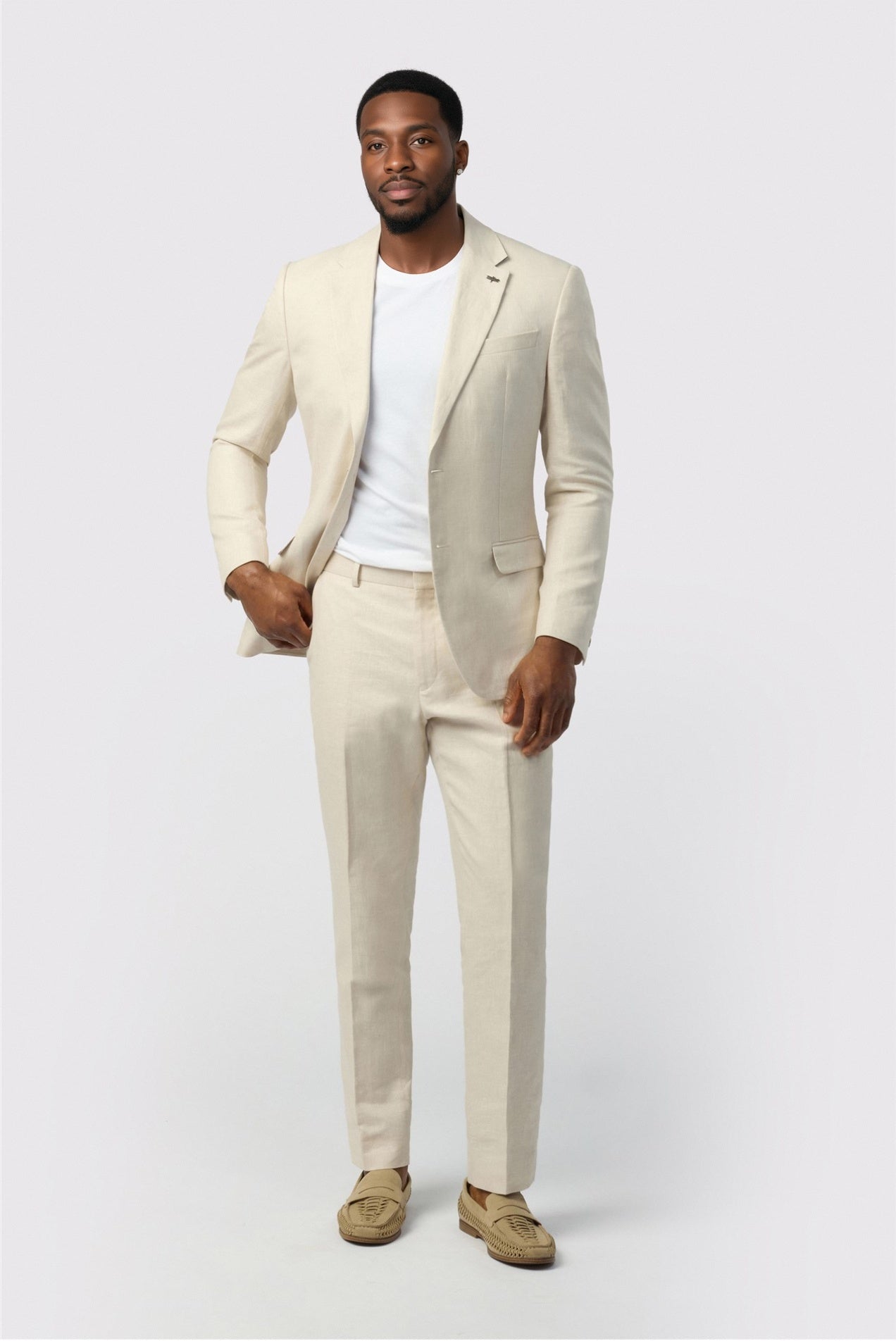 Latest Ecru 3 Pieces Notched Lapel Suits For Men