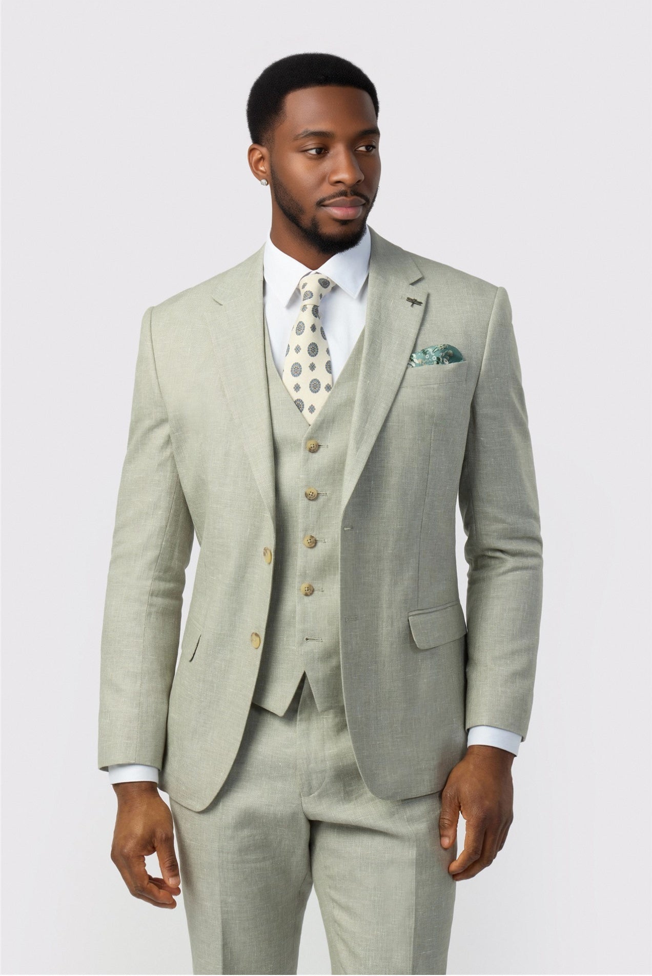 Light Sage Green 3 Pieces Notched Lapel Suits For Men