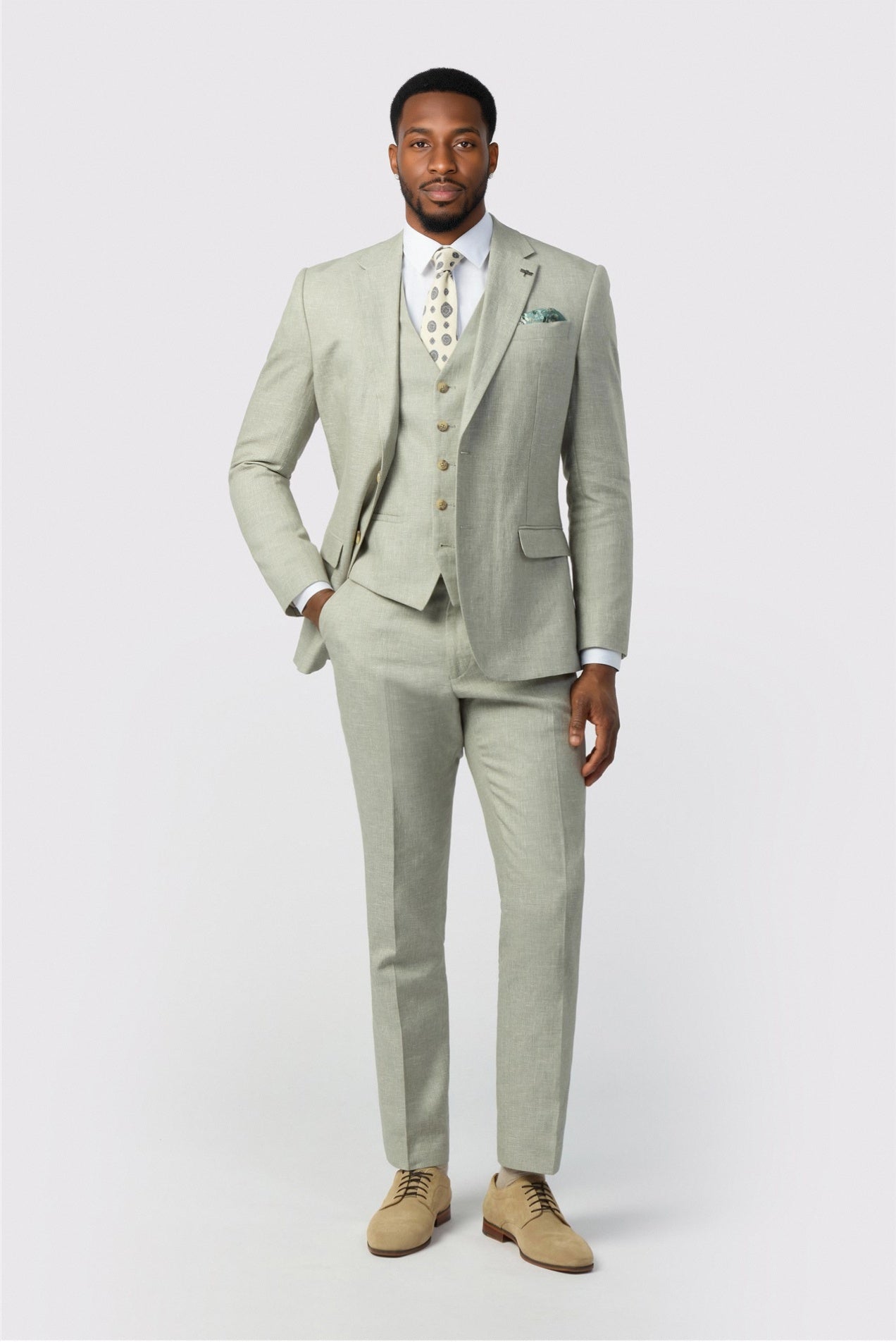 Light Sage Green 3 Pieces Notched Lapel Suits For Men