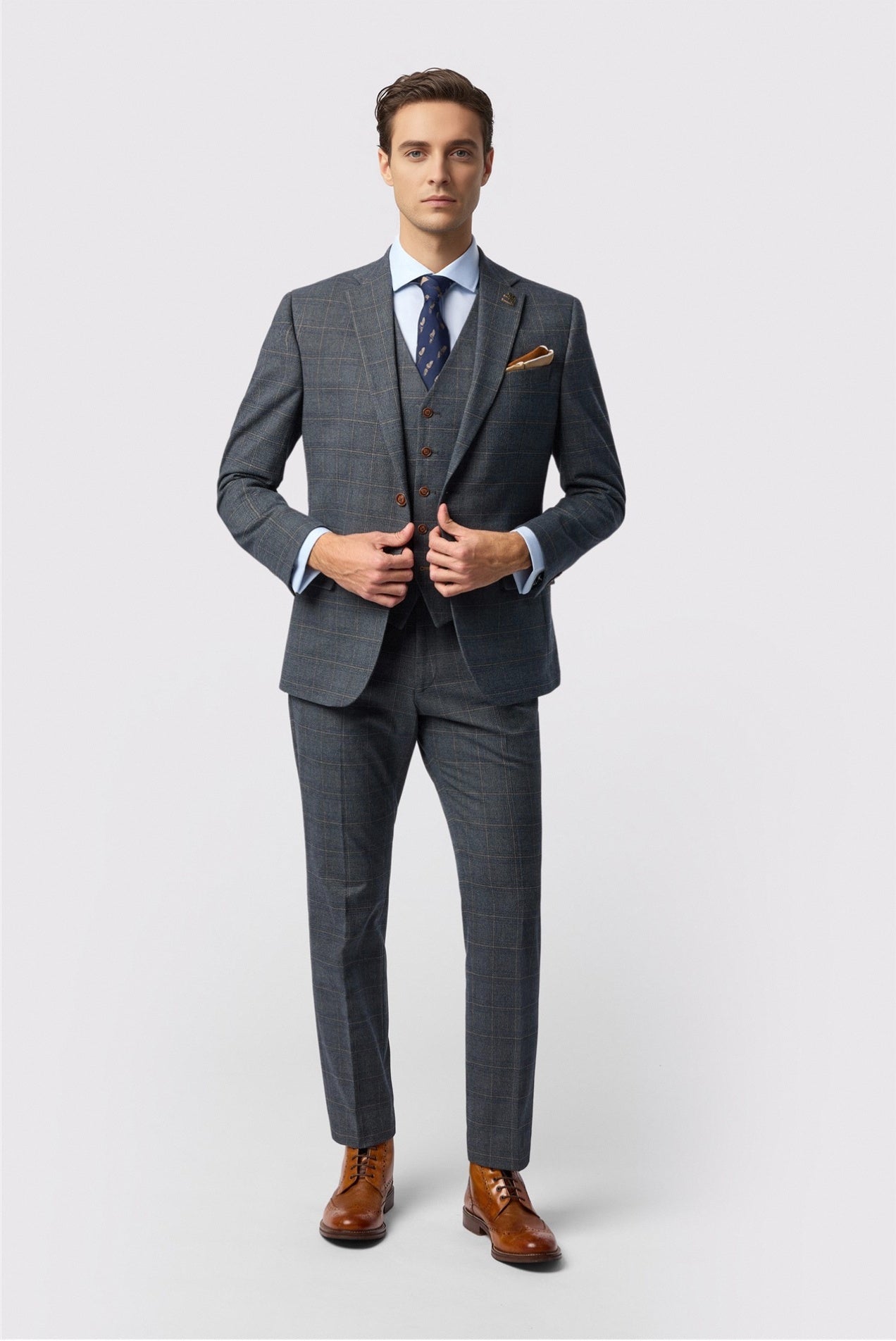 Fancy Charcoal 3 Pieces Notched Lapel Checked Men Suits