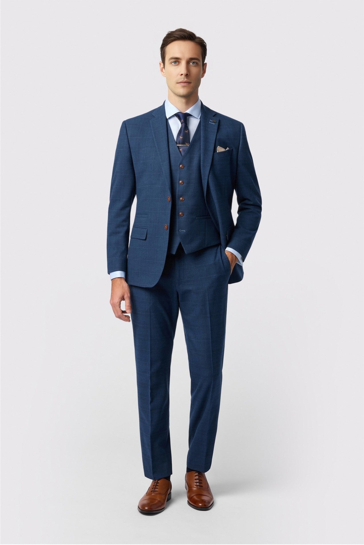 Blue Newest Notched Lapel Checked Men Suits With Waistcoat