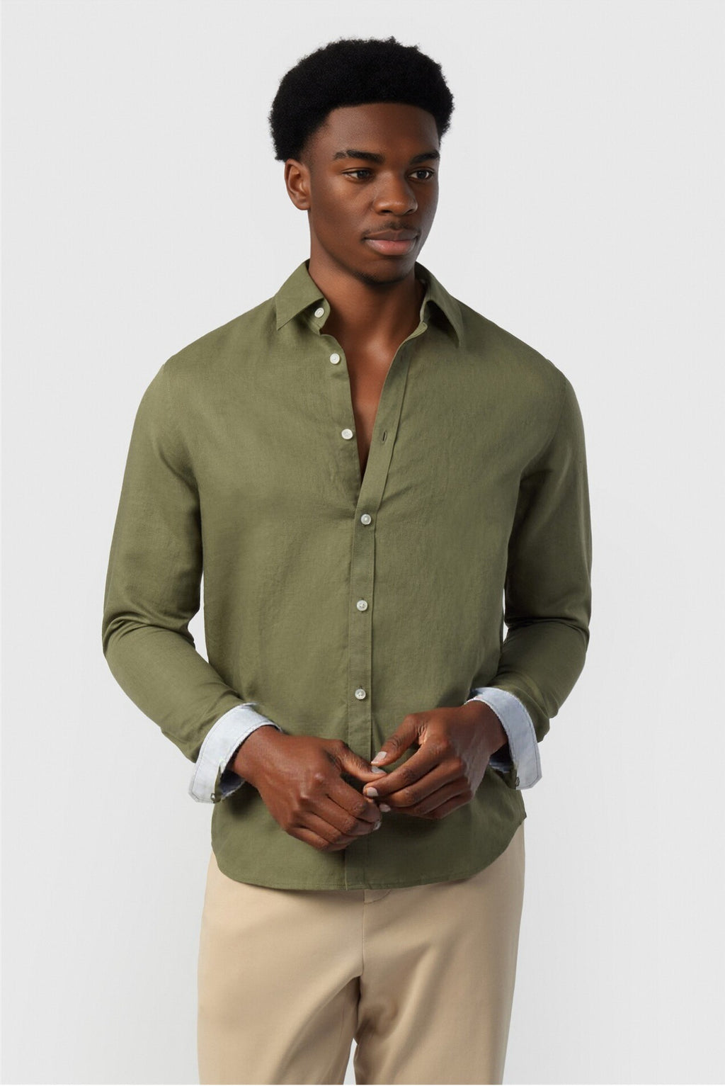 Chic Olive Green Linen Blend Men Shirt