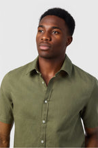 Olive Green Linen Blend Short Sleeve Shirt