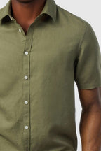 Olive Green Linen Blend Short Sleeve Shirt