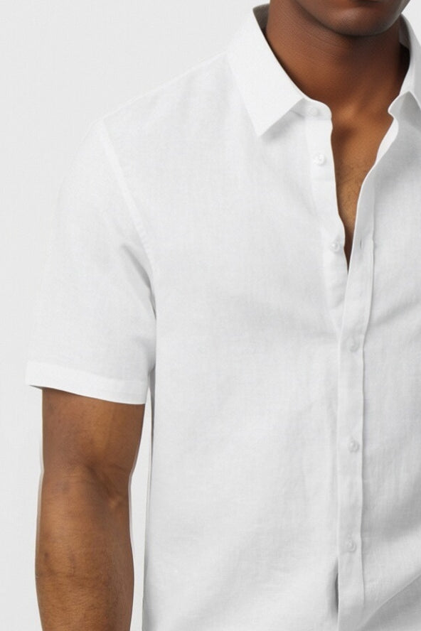 White Linen Blend Short Sleeve Men Shirt