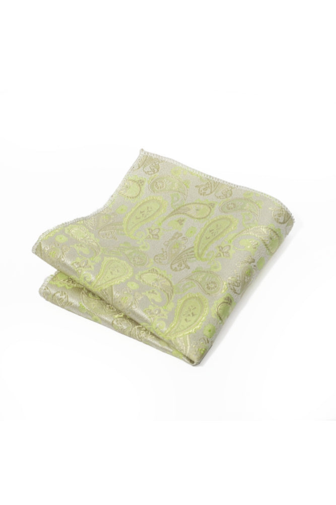 Ecru Base Pale Lime Green Paisley Jacquard Men's Pocket Square