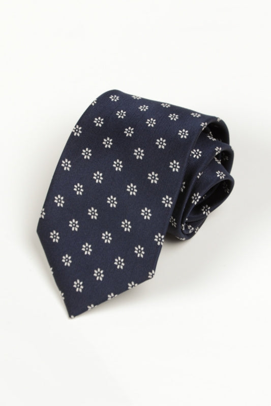Navy Blue White Tiny Floral Jacquard Tie
